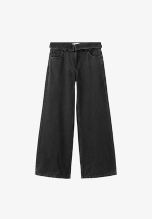 Vysoký pás čiernych džínsov so širokými nohavicami, prednými vreckami, pútkami na opasok a zapínaním na gombík, uložených na bielom pozadí.