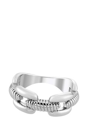 Silver chain-link ring featuring a textured surface with smooth alternating links. The band is rounded and polished, enhancing the design.