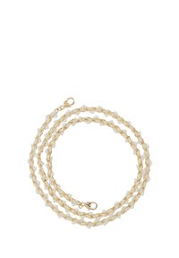 Collana a catena in tono oro con tre fili decorati con perle bianche. Include una sicura chiusura a moschettone per l'aggancio.