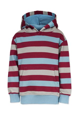 Hooded sweatshirt with red, gray, and light blue horizontal stripes. Features a front pocket and ribbed cuffs and hem. Smooth cotton fabric.