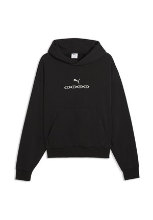 Sweat à capuche noir avec poche avant, logo Puma blanc et nom de la marque dans des formes ovales sur la poitrine, présenté sur fond blanc.