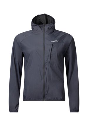 Chaqueta ligera con capucha de color gris oscuro, con cremallera frontal y bolsillo en el pecho, con el logo de Rossignol en la parte superior izquierda.