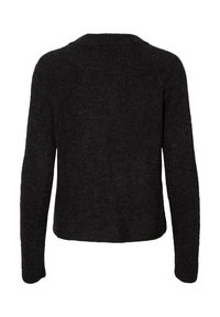 Pull en tricot noir à manches longues avec un col rond, présenté de dos sur fond blanc.