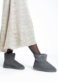 Stivaletti grigi alla caviglia in morbida suede, con risvolto, dettaglio con bottone e fodera in pelliccia. Suola piatta semplice e dettagli di cucitura minimi.