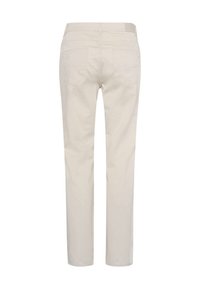 Pantalon beige clair à jambes droites vu de dos avec deux poches arrière et une passants de ceinture à la taille.