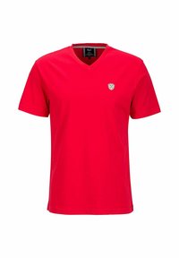 Rode T-shirt met korte mouwen en V-hals, gemaakt van gladde stof. Bevat een klein embleem op de linkerborst. Eenvoudig, klassiek design.