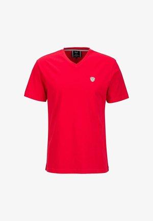 Rode T-shirt met korte mouwen en V-hals, gemaakt van gladde stof. Bevat een klein embleem op de linkerborst. Eenvoudig, klassiek design.