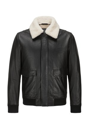 Black leather jacket with front flap pockets, ribbed cuffs and hem, and a thick white shearling collar.