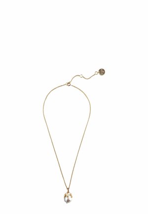 Collana in oro con ciondolo a perla rotonda adornato da perline sottili, sospesa da una catena delicata con lunghezza regolabile.