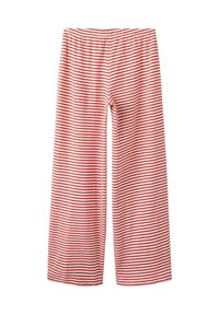 Pantaloni larghi a righe orizzontali rosse e bianche con vita elastica, mostrati distesi su uno sfondo bianco.