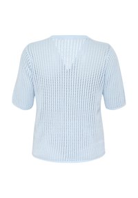 Un haut tricoté bleu clair avec des manches courtes, un décolleté en V et un design semi-transparent avec des trous régulièrement espacés.