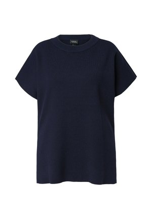 Navy blue short-sleeve knit top with a round neckline, relaxed fit, and drop shoulder design. Fabric appears soft and textured.