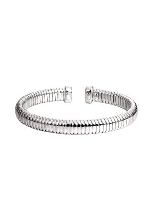 Pulsera de brazalete de plata con un diseño flexible, similar a un espiral. Superficie lisa y pulida con extremos redondeados y una apariencia sin costuras.