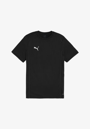 Musta urheilu t-paita lyhyillä hihoilla, valmistettu hengittävästä kankaasta. Sisältää valkoisen Puma-logon ja kontrastivalkoista ommelta saumoissa.