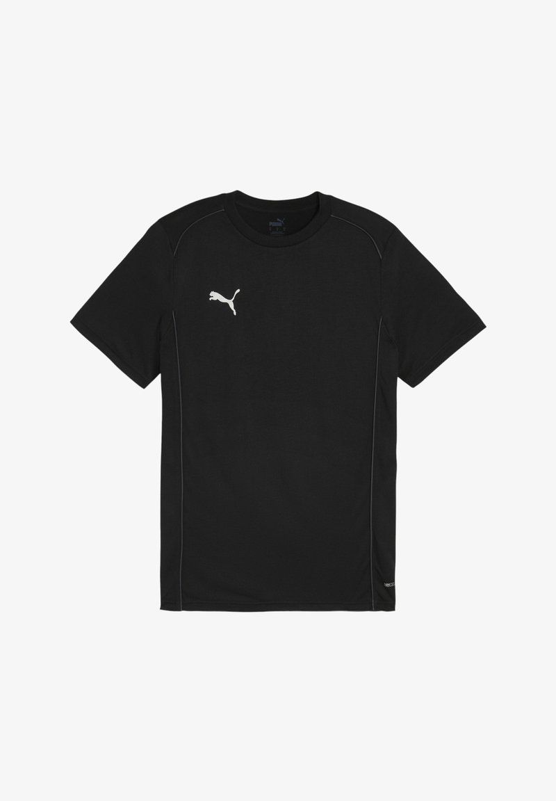 Sorte atletiske t-shirt med korte ærmer, lavet af åndbart stof. Har hvid Puma-logo og kontrastfarvet hvid syning langs sømmene.