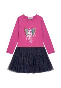 Langärmliges pinkes Kleid mit einem Einhorn-Graphic und Paillettenflügeln, ausgestattet mit einem Tüllrock in Marineblau mit Rüschen und mehrfarbigen Schimmerdetails.