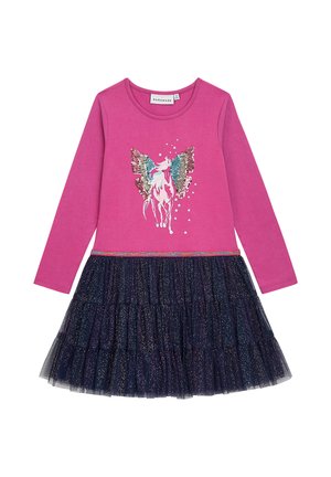 Langärmliges pinkes Kleid mit einem Einhorn-Graphic und Paillettenflügeln, ausgestattet mit einem Tüllrock in Marineblau mit Rüschen und mehrfarbigen Schimmerdetails.