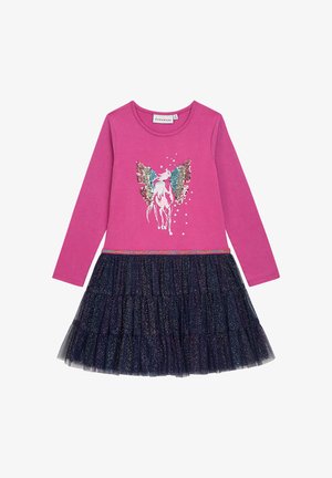 Langärmliges pinkes Kleid mit einem Einhorn-Graphic und Paillettenflügeln, ausgestattet mit einem Tüllrock in Marineblau mit Rüschen und mehrfarbigen Schimmerdetails.