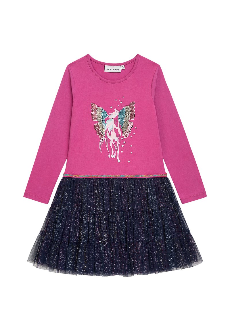 Langärmliges pinkes Kleid mit einem Einhorn-Graphic und Paillettenflügeln, ausgestattet mit einem Tüllrock in Marineblau mit Rüschen und mehrfarbigen Schimmerdetails.