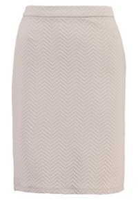 Falda de lápiz con patrón de espiga en color beige claro, hecha de un tejido texturizado. Cintura de altura media y una silueta recta con un dobladillo que termina en la rodilla.