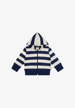 Kinder-Kapuzenjacke mit marineblauen und weißen horizontalen Streifen und einem vorderen Reißverschluss.