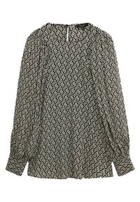 Schwarz-weiße gemusterte Bluse mit rundem Halsausschnitt, langen Puffärmeln und einem Schlüsselaugenverschluss hinten. Verfügt über ein geometrisches Design.
