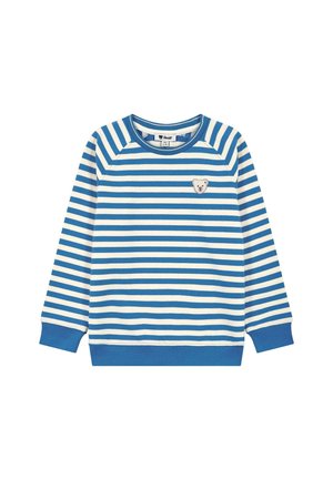 Blue and white striped long-sleeve sweater with a small embroidered bear face on the left chest and blue cuffs and hem.