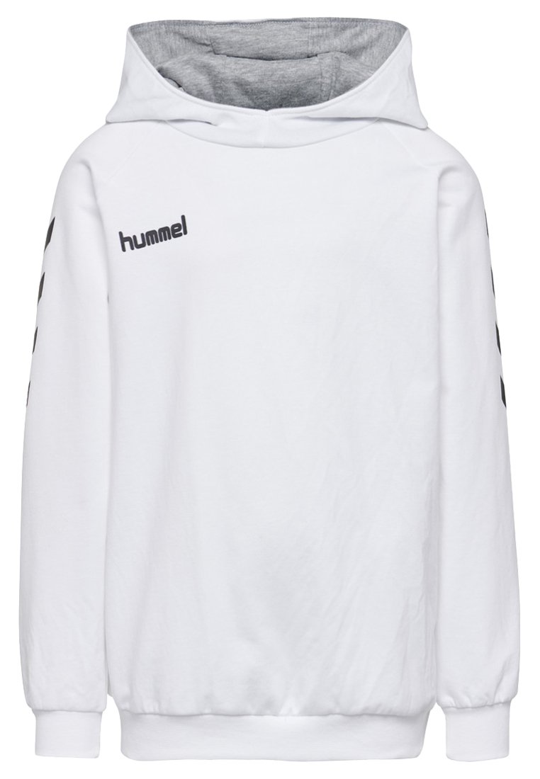 Felpa bianca con cappuccio e interno grigio, caratterizzata dal logo "hummel" nero e da un motivo a chevron lungo le maniche. Realizzata in morbido tessuto con polsini a costine.