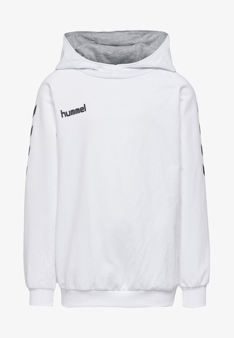 Felpa bianca con cappuccio e interno grigio, caratterizzata dal logo "hummel" nero e da un motivo a chevron lungo le maniche. Realizzata in morbido tessuto con polsini a costine.