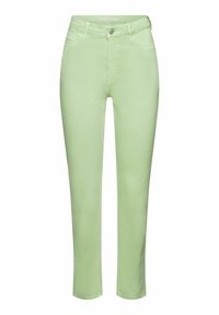 Jean slim vert clair avec poches avant, passants pour ceinture, et fermeture à bouton et zip.