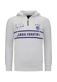 Witte pullover hoodie met een ritskraag, paarse strepen en de tekst "LOCAL FANATIC". Heeft trekkoorden en een logo met drie sterren.