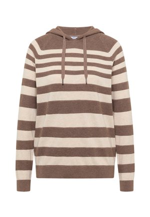 Sudadera con capucha de punto con rayas marrones y beige, mangas largas y cordón en la capucha, mostrada sobre un fondo blanco.