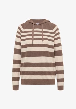 Bruin en beige gestreepte gebreide hoodie met lange mouwen en trekkoord aan de capuchon, weergegeven op een witte achtergrond.