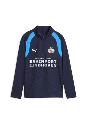 Granatowa sportowa koszulka z długimi rękawami, jasnoniebieskimi panelami na ramionach, suwakiem z przodu, logo Puma, herbem PSV Eindhoven oraz napisem "Brainport Eindhoven" na przodzie.