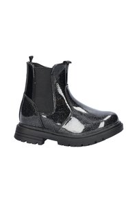 Zwarte gepatineerde leren Chelsea-boot met glimmende afwerking, elastische zijkanten, een ronde neus en een gestructureerde rubberen zool.