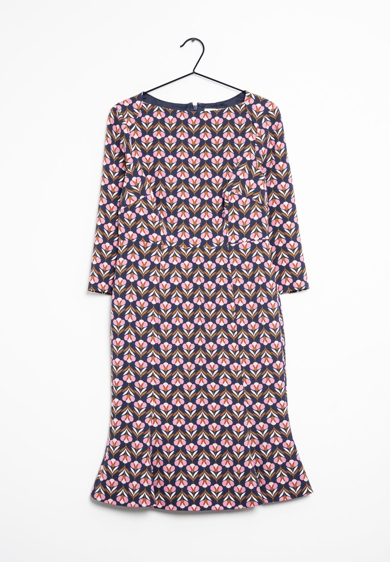 Floral-patterned dress on a hanger, featuring long sleeves, a round neckline, and a fitted silhouette in dark navy, pink, and green tones.