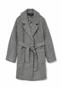 Manteau en mélange de laine gris avec une finition douce et texturée, col à revers, ceinture à nouer et deux poches avant. Idéal pour superposer par temps frais.