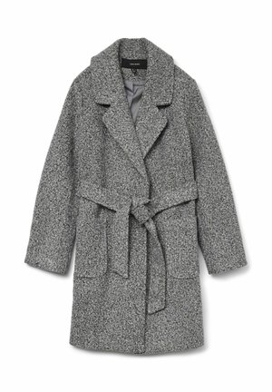 Manteau en mélange de laine gris avec une finition douce et texturée, col à revers, ceinture à nouer et deux poches avant. Idéal pour superposer par temps frais.