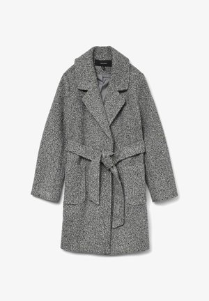 Abrigo de mezcla de lana gris con un acabado suave y texturizado, cuello con muesca, cinturón y dos bolsillos frontales. Ideal para superponer en climas más frescos.