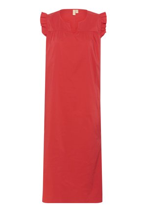 Robe rouge sans manches avec des détails à volants aux épaules, fabriquée à partir d'un tissu lisse, présente une coupe légèrement décontractée et un décolleté simple.