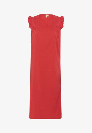 Červené šaty bez rukávů s volány na ramenních detailech, vyrobené z hladké tkaniny, mají mírně uvolněný střih a jednoduchý výstřih.