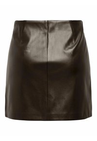 Mini-jupe en cuir noir avec une coupe droite et une couture visible au centre devant sur fond blanc.