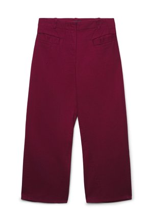 Pantaloni bordeaux a vita alta e gamba larga con passanti per cintura e due tasche anteriori con pattina, esposti su uno sfondo bianco.
