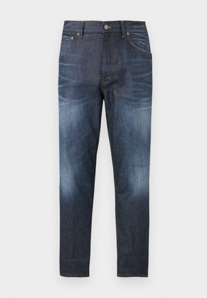 Dark blue slim-fit jeans with faded areas on thighs and knees, front pockets, belt loops, and button closure at the waist.