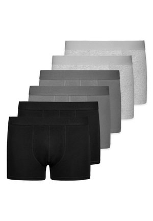 Sechs Paare Herrenboxershorts in Schwarz, Dunkelgrau, Hellgrau und Meliertgrau, mit elastischen Bündchen und glattem Baumwollstoff.