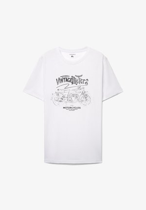 T-shirt bianca in cotone con una grafica di una motocicletta vintage in inchiostro nero, con il testo "Authentic Vintage Motors" e "Motorcycles".