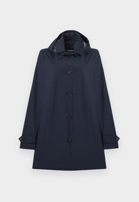 Βροχερό μπουφάν σε ναυτικό μπλε χρώμα με κουμπιά, κουκούλα, μακριά μανίκια με μανσέτες που κλείνουν με κουμπιά και εμπρόσθιες τσέπες με σχισμές.