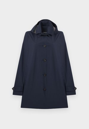 Βροχερό μπουφάν σε ναυτικό μπλε χρώμα με κουμπιά, κουκούλα, μακριά μανίκια με μανσέτες που κλείνουν με κουμπιά και εμπρόσθιες τσέπες με σχισμές.