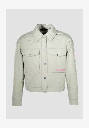 Light green quilted jacket with large front pockets, snap buttons, a collar, and a pink "JACK1T" label on the front pocket.