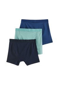 Tre par herrboxershorts i mörk marinblå, teal och ljusblå. Tillverkade av mjukt material med elastiska midjeband och en figurnära passform.
